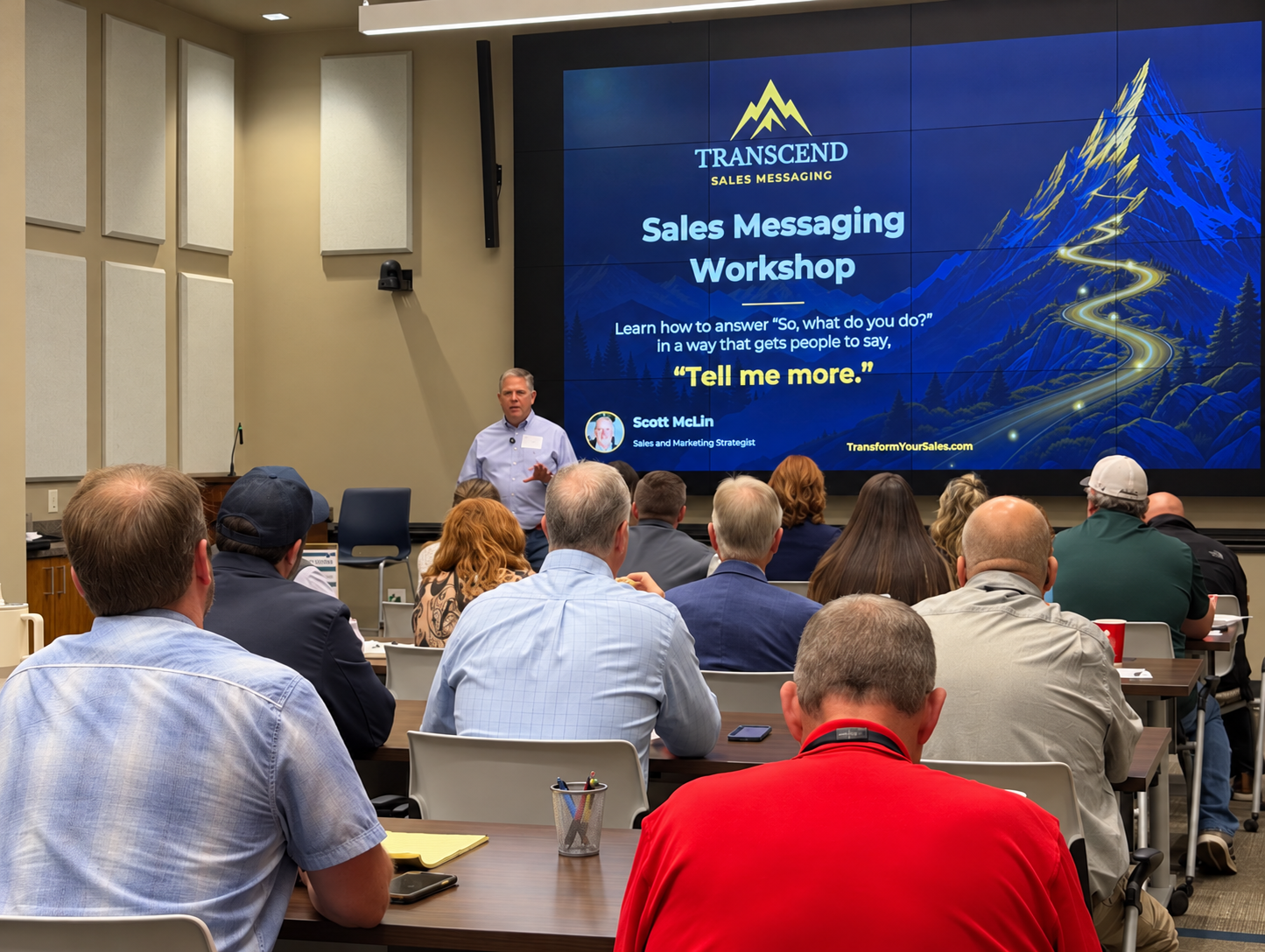 Scott McLin presenting sales messaging to an audience at an introductory workshop